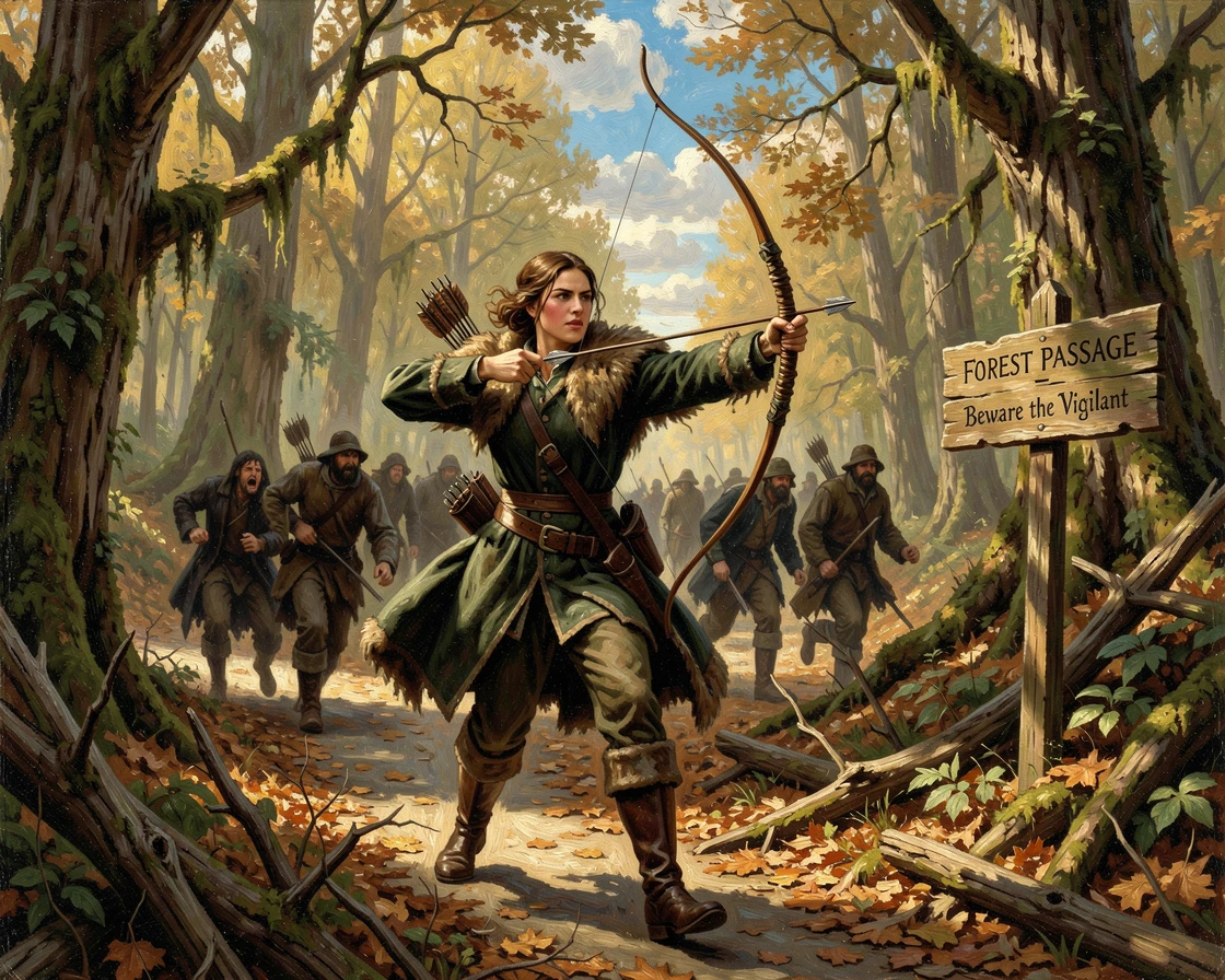 A fearless archer confronts an ambush along a forest road as the enemy retreats in fear.