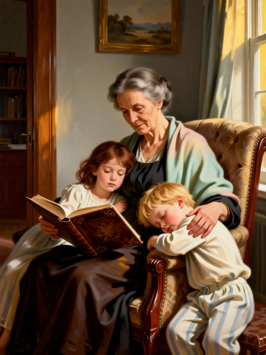 A grandmother reading a bedtime story to two sleepy grandchildren in a scene glowing with warmth and quiet devotion, set within a cozy home lit by late afternoon sun, with small, telling gestures like a held hand or a shared glance; gentle framing by a doorway or window softens the intimate scene, suggesting the enduring bonds between generations.
