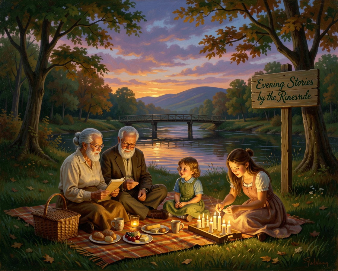 Grandparents and grandchildren tell stories around a riverside picnic spot as candles are lit for the evening.