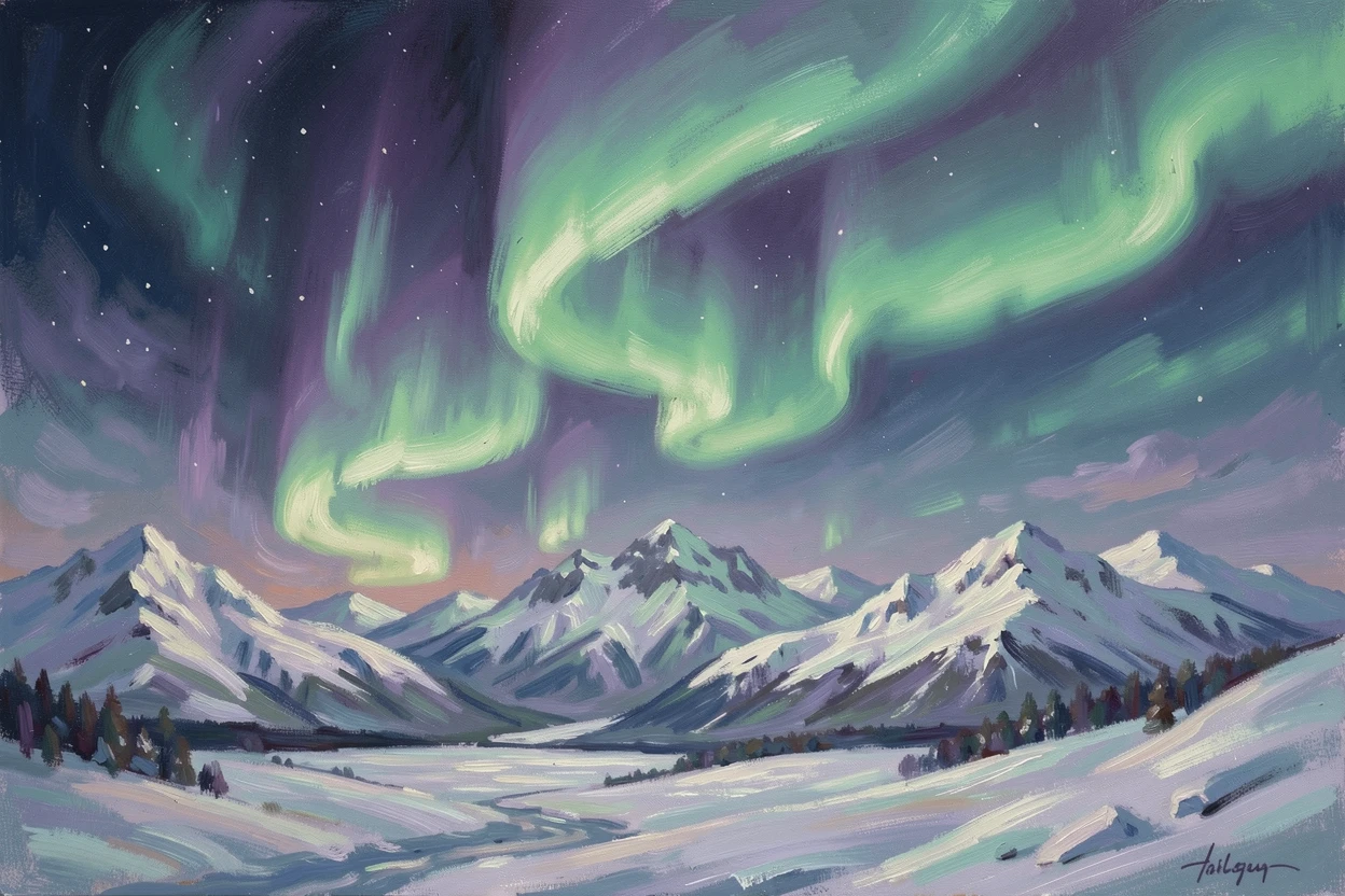 The aurora borealis dancing in brilliant green and purple ribbons above a snow-covered mountain range, filled with a cozy, comforting atmosphere.