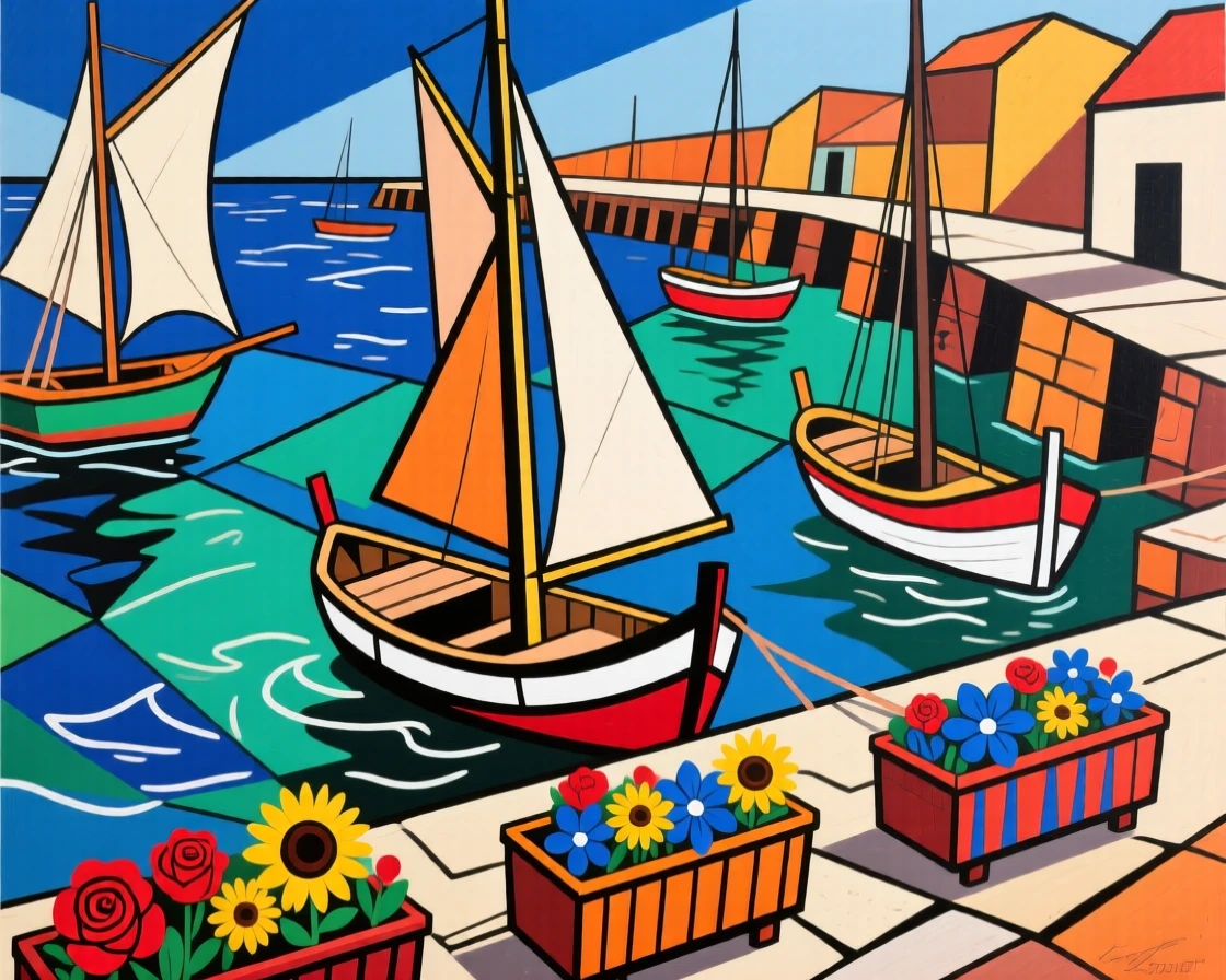 A vibrant scene of a colorful fishing harbor lined with flower boxes overflowing with blooms.