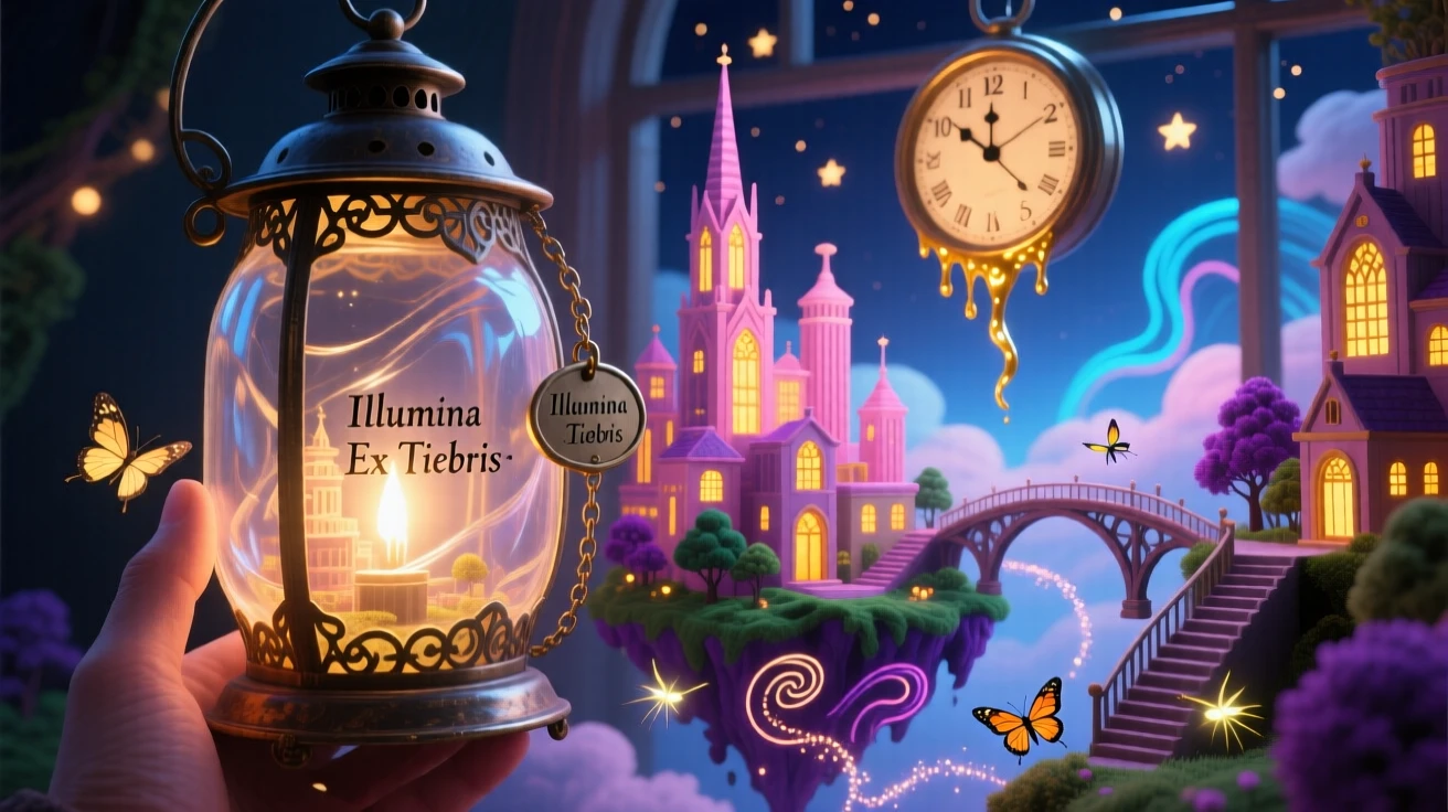 A miniature city glowing softly inside an old glass lantern reveals itself only when held up to the light, as tiny lights flicker like distant, faraway stars.