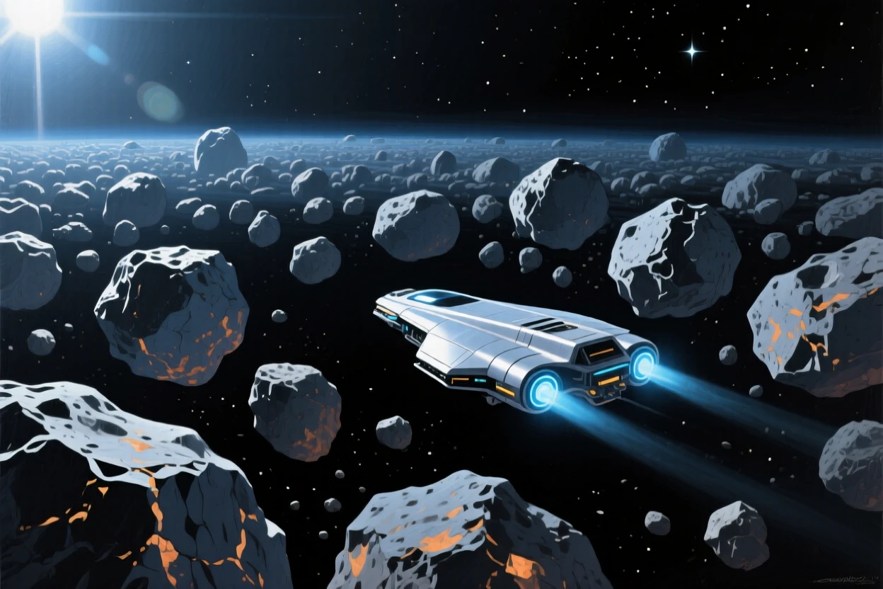 A field of asteroids drifts silently in the void, sunlight catching their jagged surfaces as a distant spacecraft navigates carefully between them, the atmosphere charged with a sense of quiet wonder and untold history.