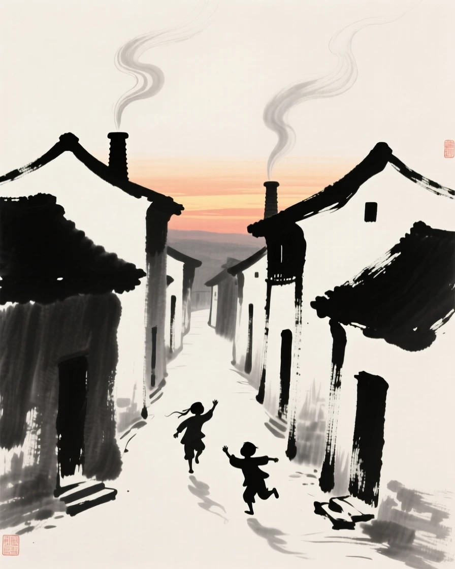 Smoke rises gently from chimneys in a village at dusk, as children run laughing through the narrow lanes.