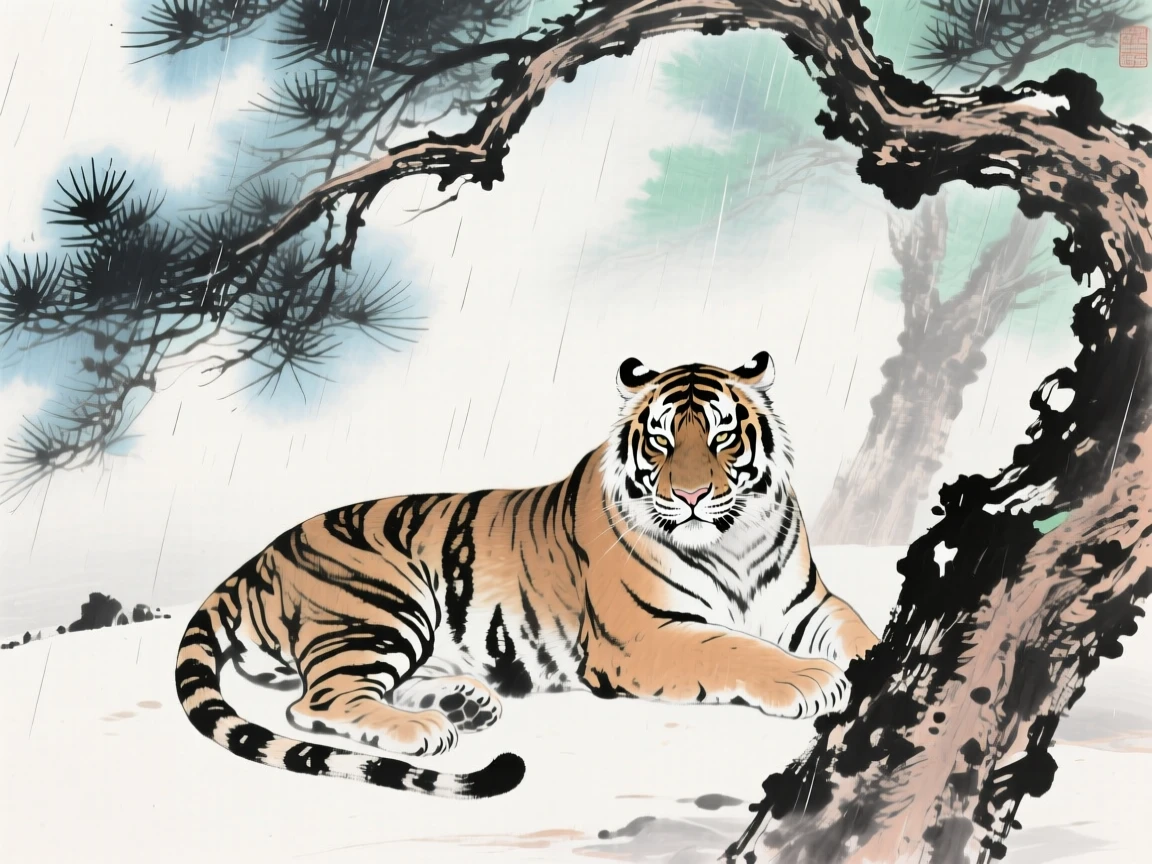 A tiger resting beneath the shade of ancient pines, in a gentle drizzle, in the mild days of early winter.