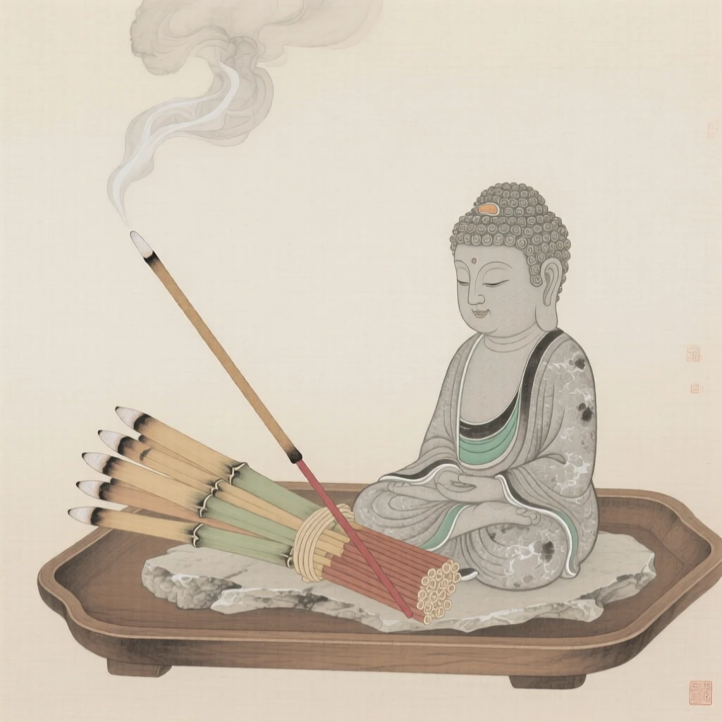 A bundle of incense sticks beside a small stone buddha