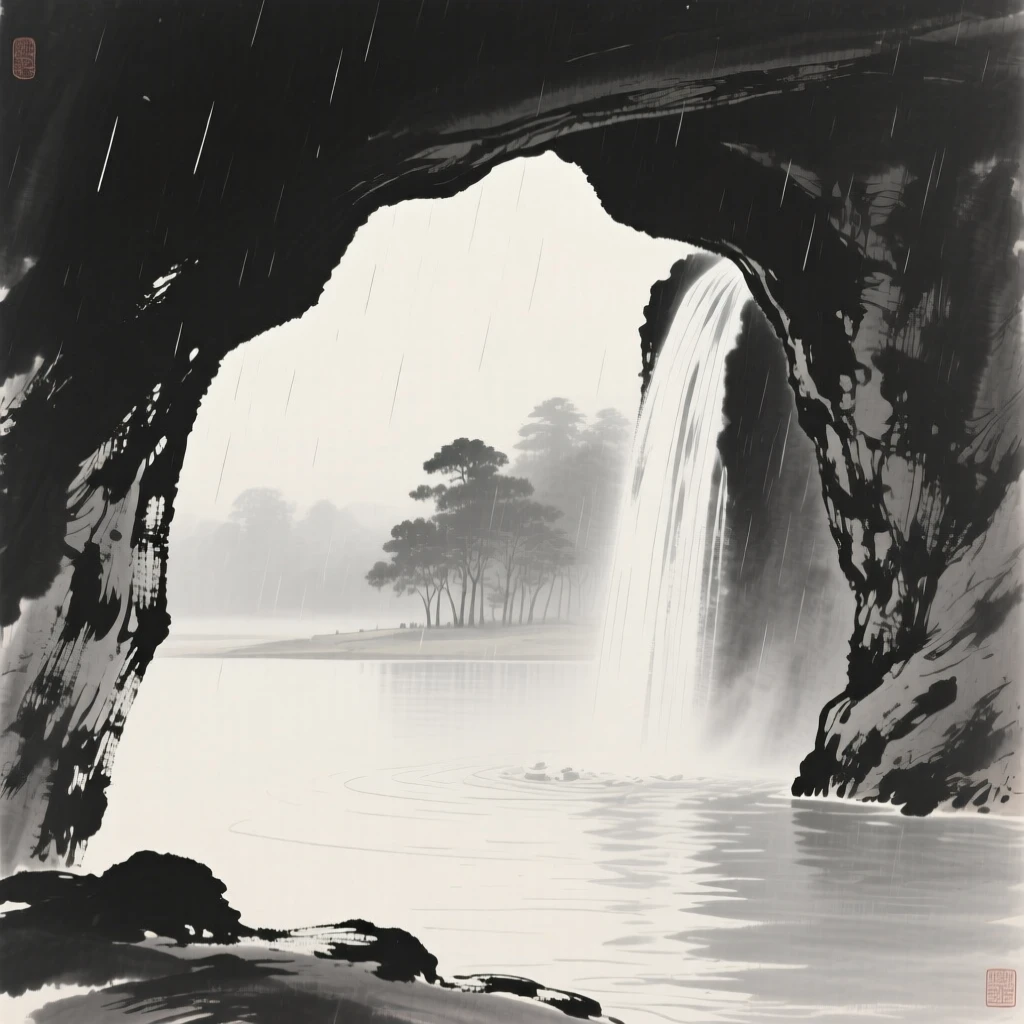 A cave mouth opening onto a hidden waterfall pool while a light rain blurs the distant tree line, seen from across the water, the far shore reduced to soft silhouette, evoking a deep sense of solitude and quiet grandeur.