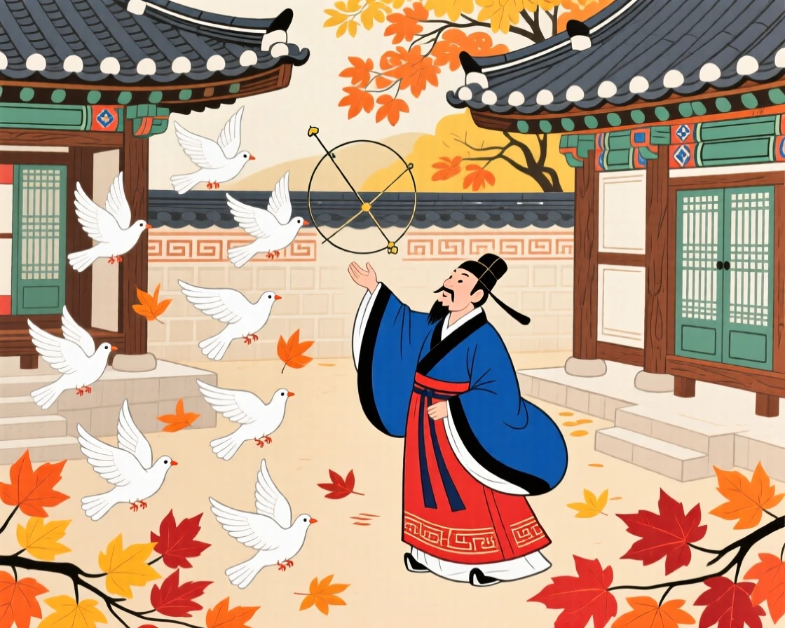 A court astronomer releasing a flock of doves from a temple courtyard, with autumn leaves swirling in the