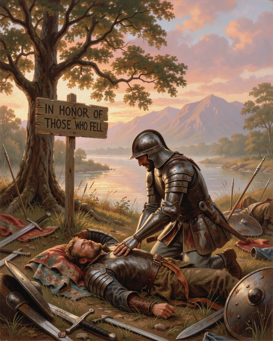 A warrior kneels before his fallen comrade on a quiet battlefield.