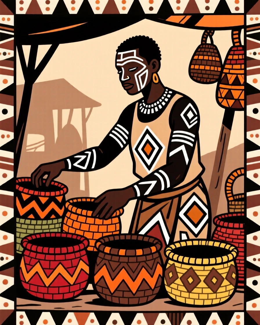A marketplace vendor arranging colorful woven baskets.
