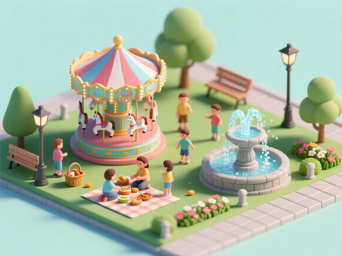 A bustling city park with a carousel turning, families having picnics, and a fountain spraying cool mist into the summer air.