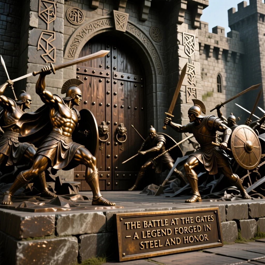 A legendary battle fought at the gates of a fortress, rendered with epic, cinematic composition, evoking legend and timeless drama