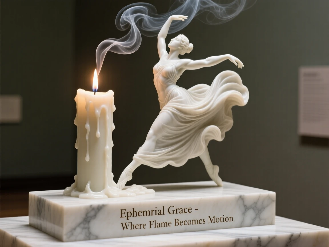 A striking, imaginative composition featuring a candle whose smoke twists into the silhouette of a dancer, blending realism with dreamlike wonder