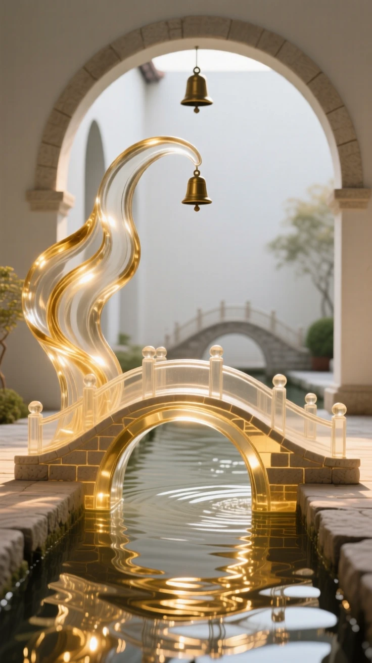 As golden light spills across the surrounding courtyard, a series of stone bridges arching gracefully over a canal, while the sound of distant bells drifts across the square