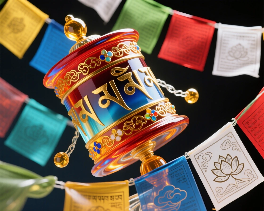 A traditional Tibetan prayer wheel spinning amid fluttering colorful flags, spiritual and serene.