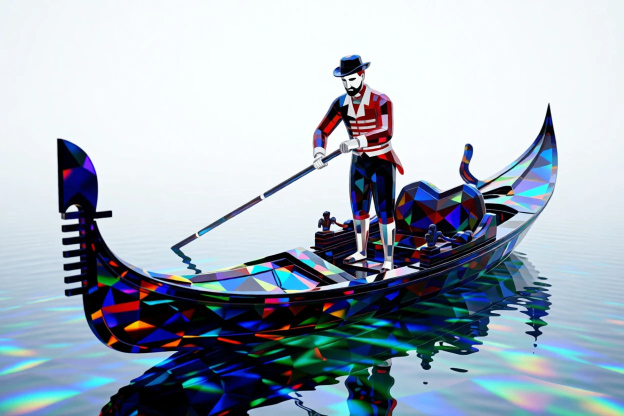 A traditional Venetian gondolier rowing gracefully through a mist-covered canal.