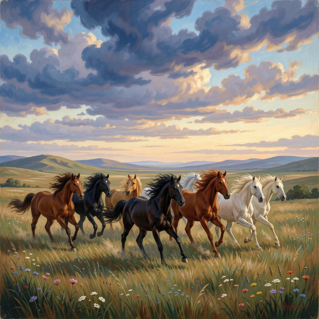 Wild horses gallop freely across an open grassland beneath a wide, dramatic sky.