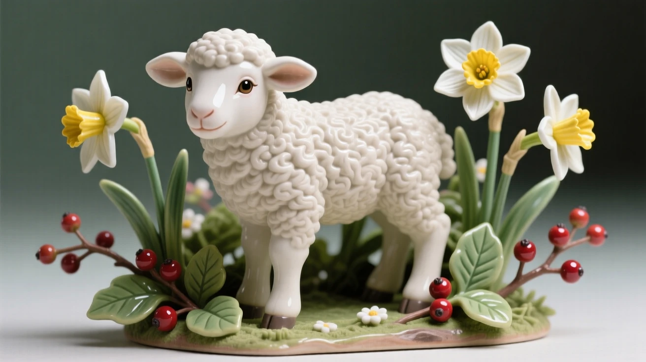 A spring lamb surrounded by blooming daffodils caught in a moment of seasonal cheer, accented with seasonal berries and greenery, radiating cheerful holiday spirit.