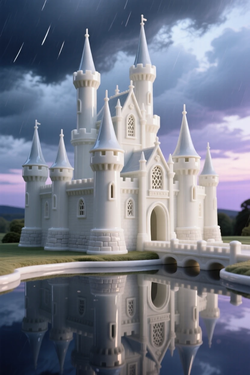 A storm-lit castle reflected in a still moat, its towers catching the last light of day.