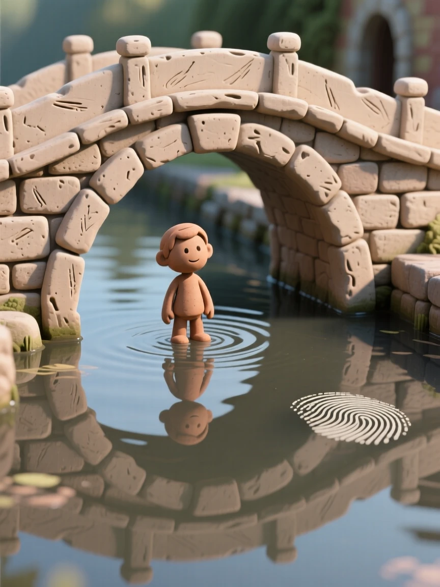 A grand stone bridge reflected perfectly in still canal water