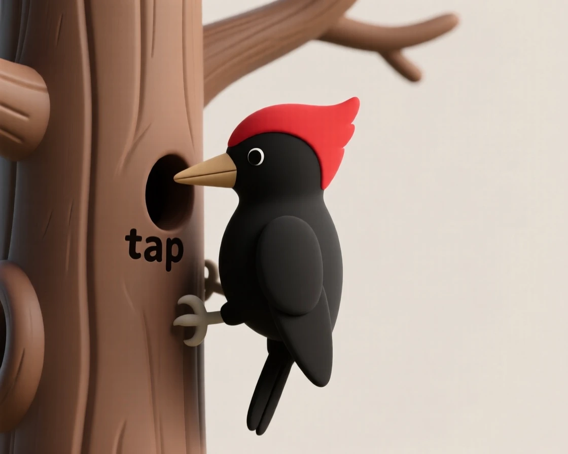 A busy woodpecker taps rhythmically against an old oak tree, red-crested head bobbing with each strike.