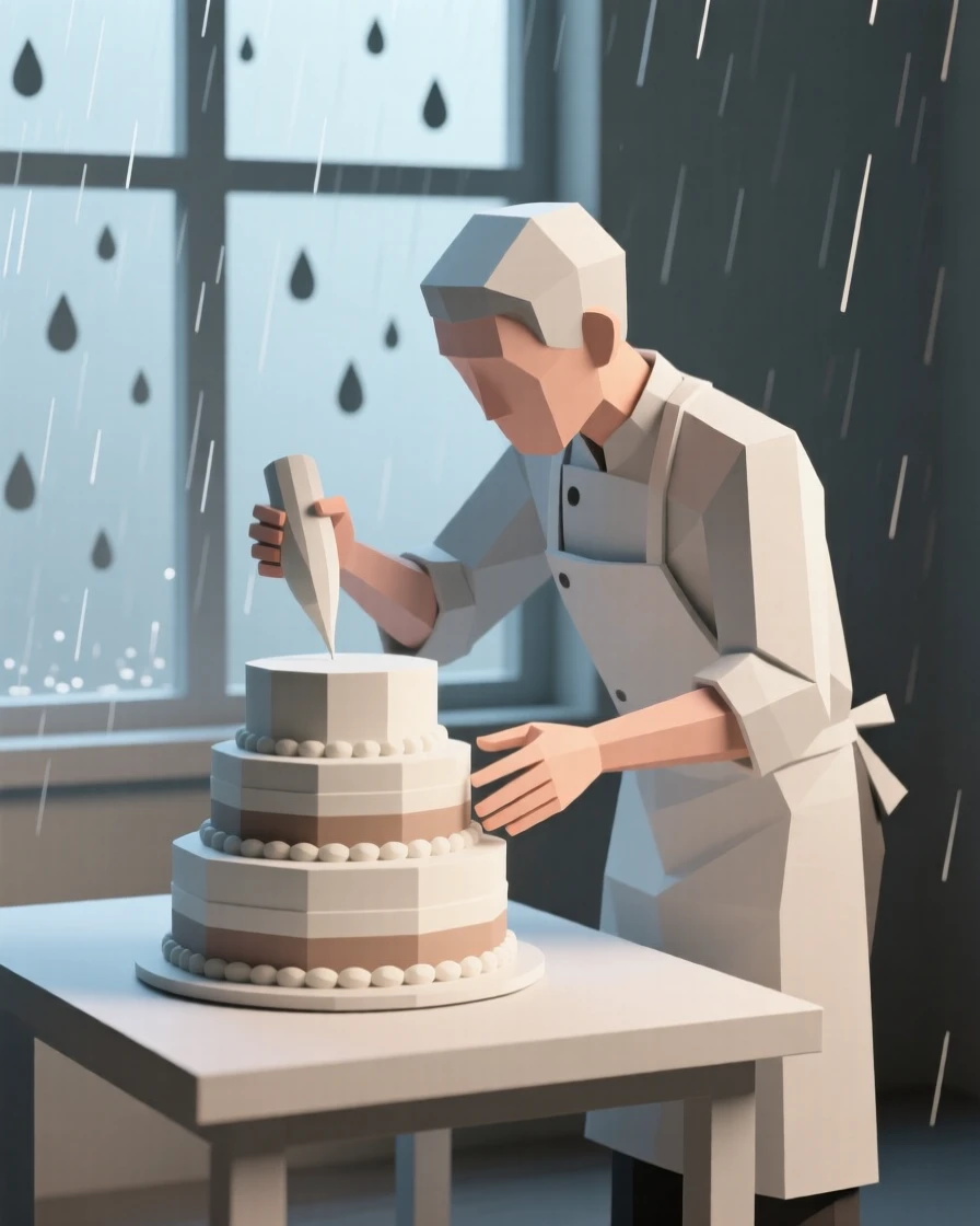 A baker decorating a beautifully layered cake, on a quiet rainy afternoon. natural light enhances the vibrant colors of the scene. There is a calm sense of focus and skill.