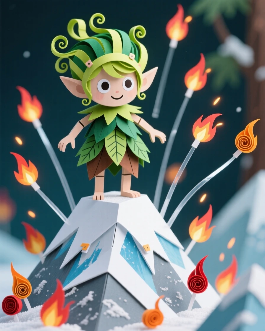 A mischievous forest sprite standing atop a frozen mountain peak, with embers drifting through the air, evoking otherworldly beauty.