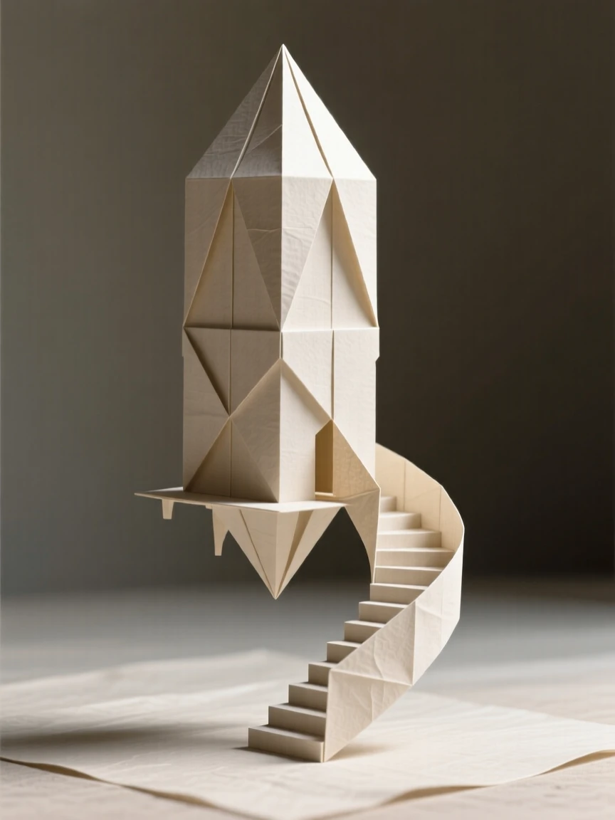 A floating tower connected to the ground by a spiral staircase of light.