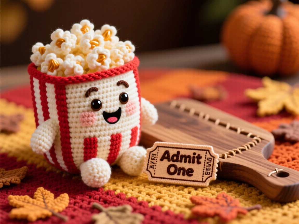 a plump popcorn character, bursting from a striped paper bag, is shown sitting beside a small movie ticket on a warm autumn harvest table beside a rustic wooden serving board, capturing bright, appetizing cheerfulness.
