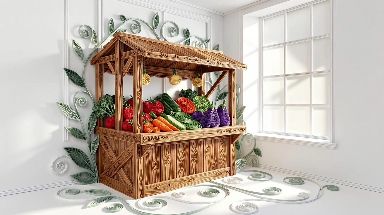 a farmers market stall overflowing with fresh produce, in a modern loft with large windows, arranged with a relaxed, candid, lifestyle feel, in a fresh palette of white, sage green, and warm wood tones.