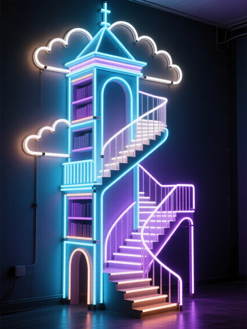 A tower library whose spiral staircase disappears into passing clouds.