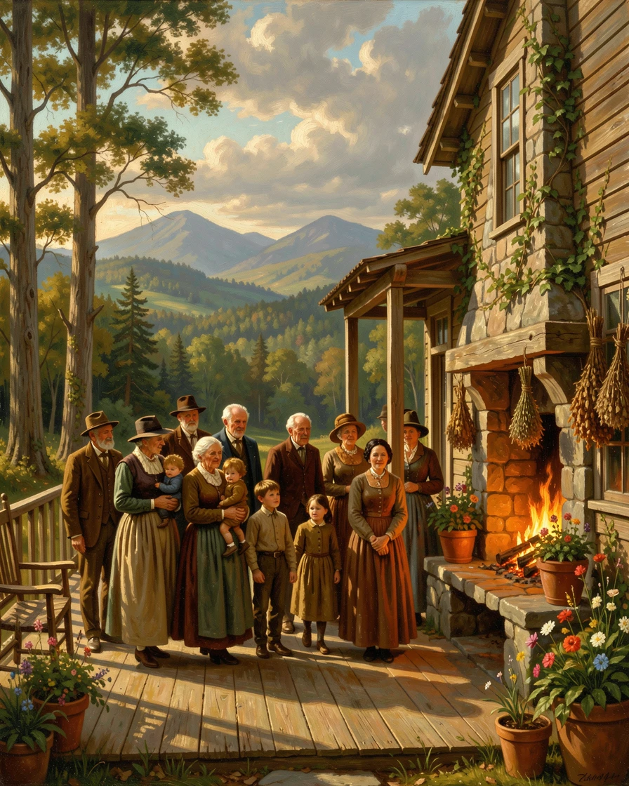 A large family gathering walks together through a sunlit farmhouse porch while a fire crackles nearby.