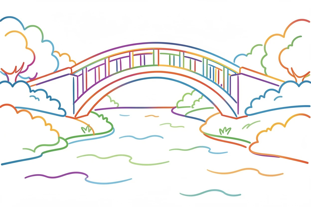 A bridge arching gracefully over a calm river connecting two lush shores.