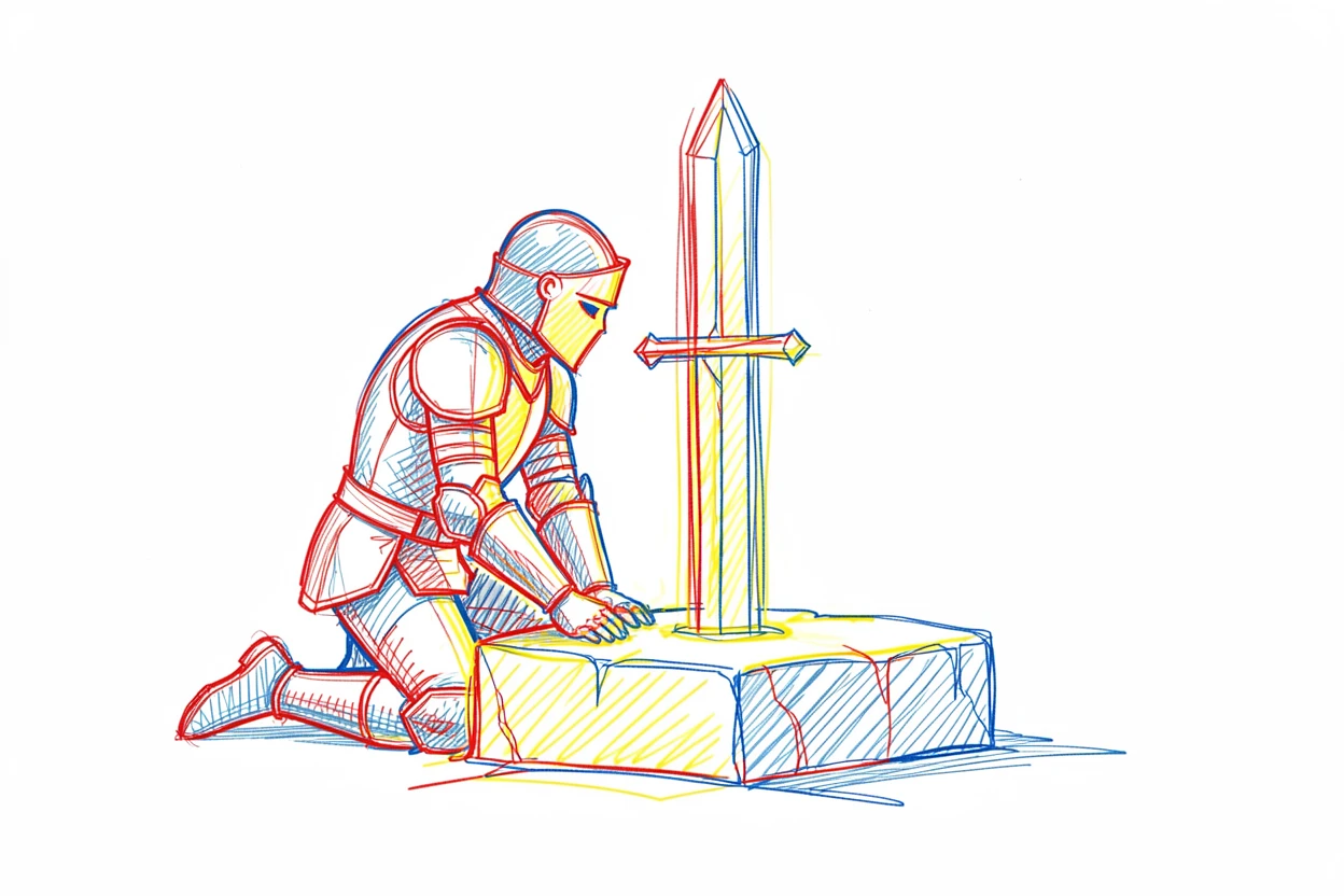 A knight kneeling before a glowing sword embedded in an ancient stone