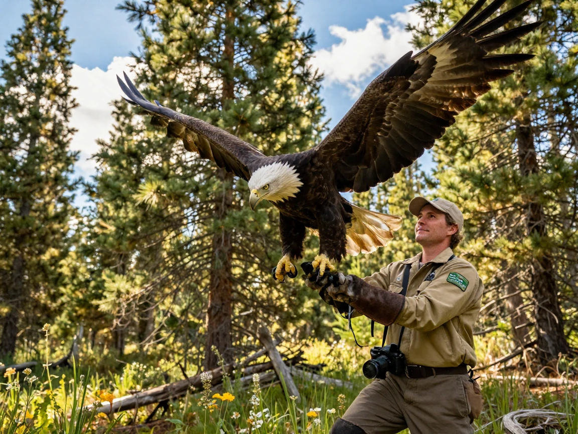 A conservationist releasing a rehabilitated eagle into the wild