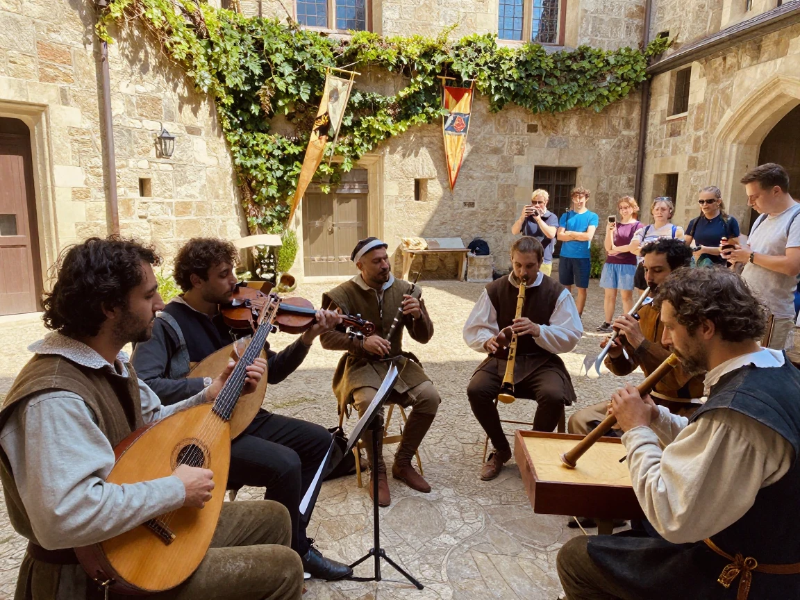 A group of Renaissance musicians plays period instruments in a castle courtyard.
