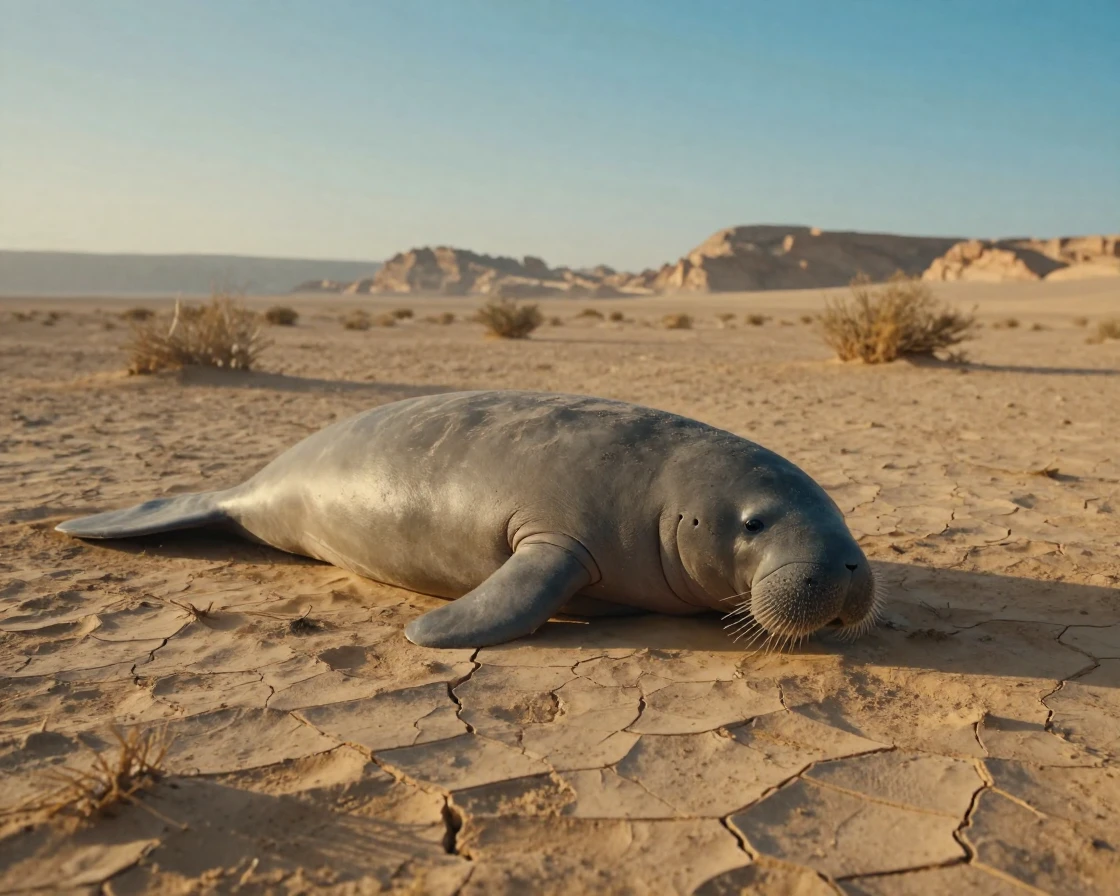 A gentle manatee basking lazily in warm sunlight across a windswept desert plain