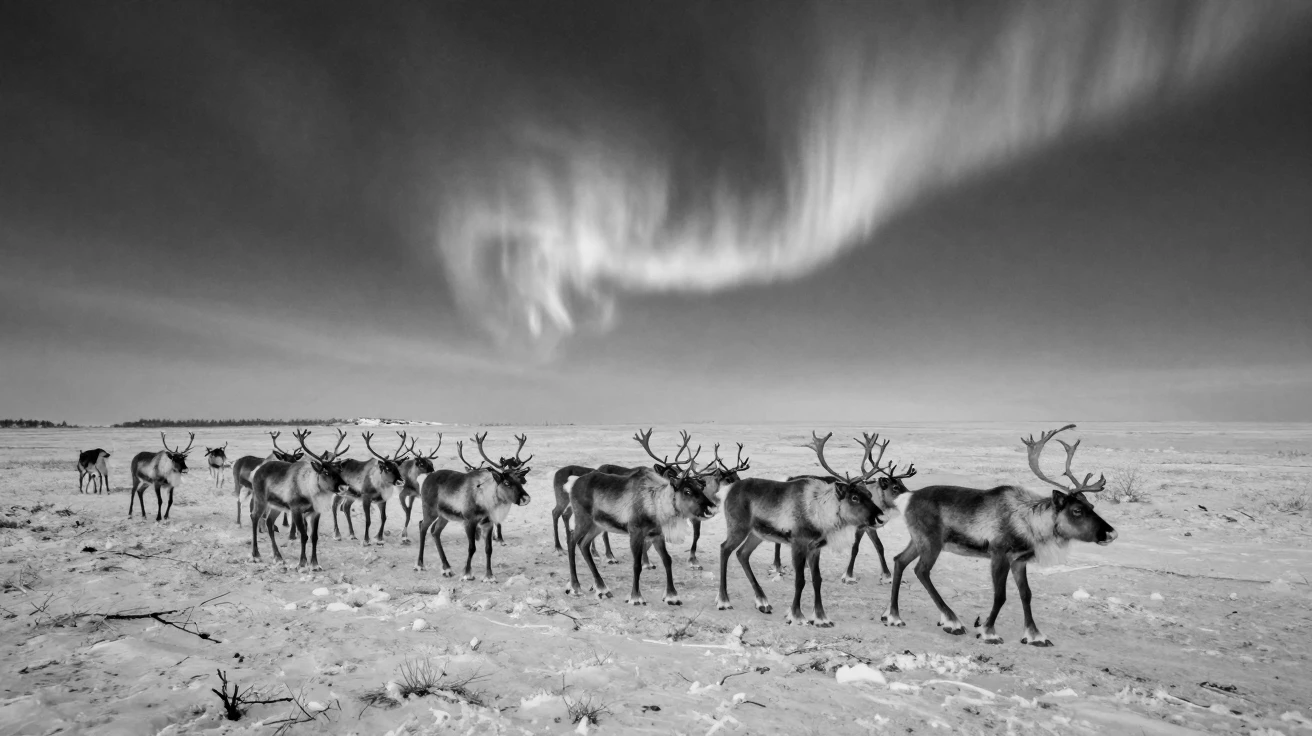 A herd of reindeer migrates across a frozen tundra beneath the northern lights.
