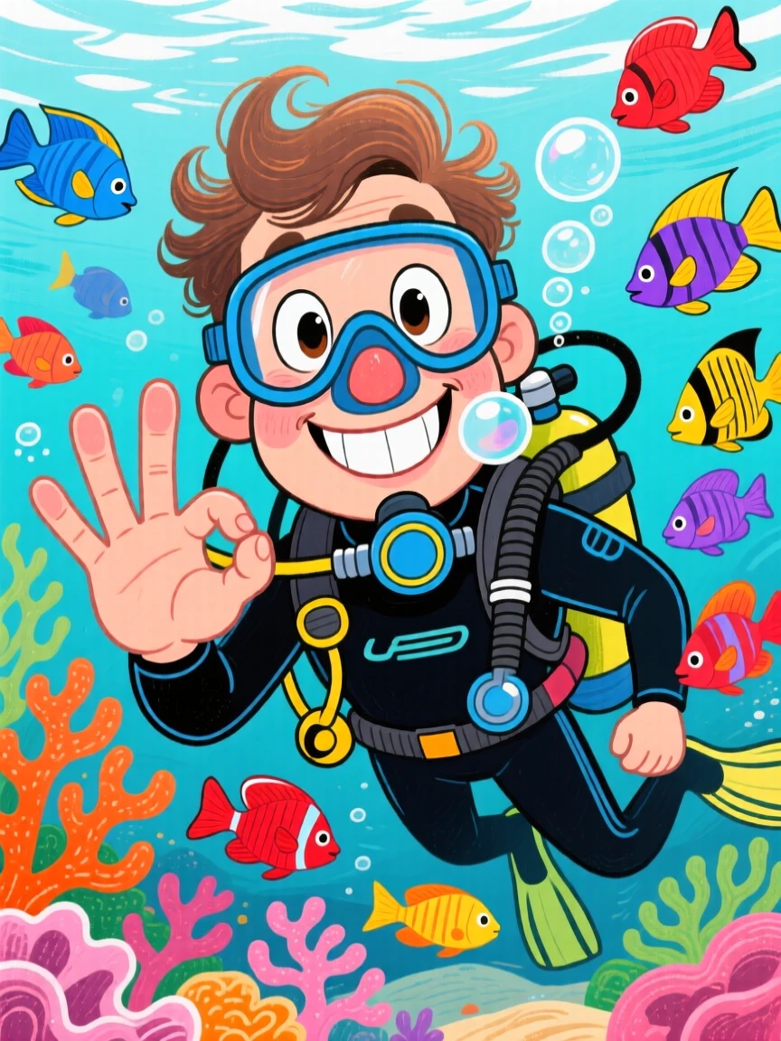 A scuba diving instructor giving an okay sign underwater, colorful reef fish swirling around.