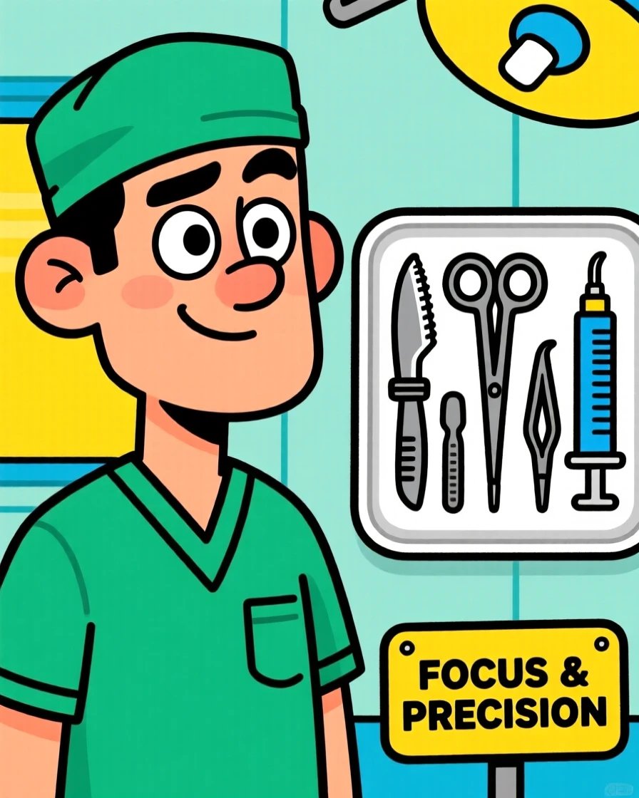 A vibrant profession-themed portrait of a focused surgeon hard at work with total focus and a hint of a smile, with tools neatly arranged nearby.