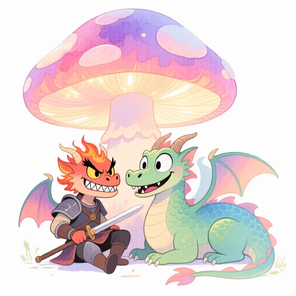 A fierce dragon rider resting beneath a giant glowing mushroom