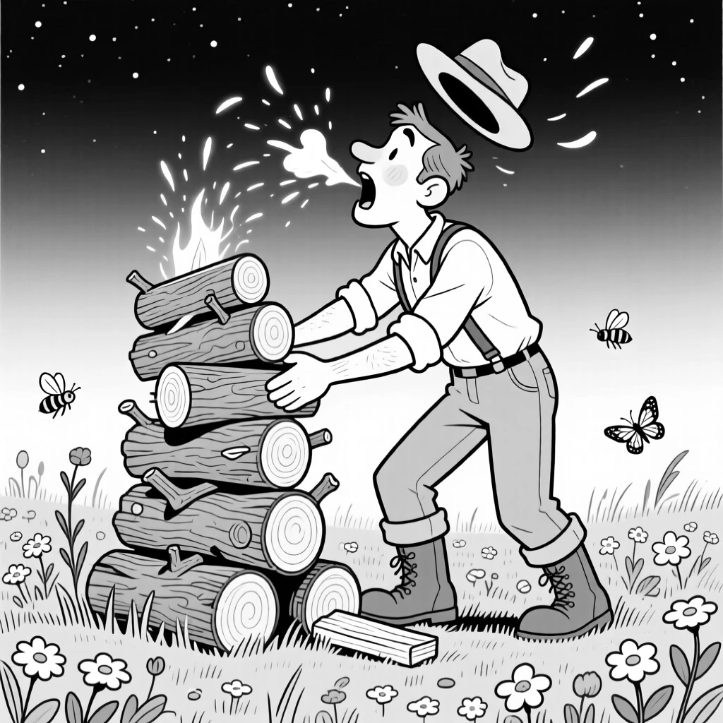 A woodsman stacking a wobbly tower of firewood, sneezing so hard the hat flies clean off, set in a wildflower meadow buzzing with life. Sparks drift upward into the night sky. The image feels like a breath of fresh outdoor air.