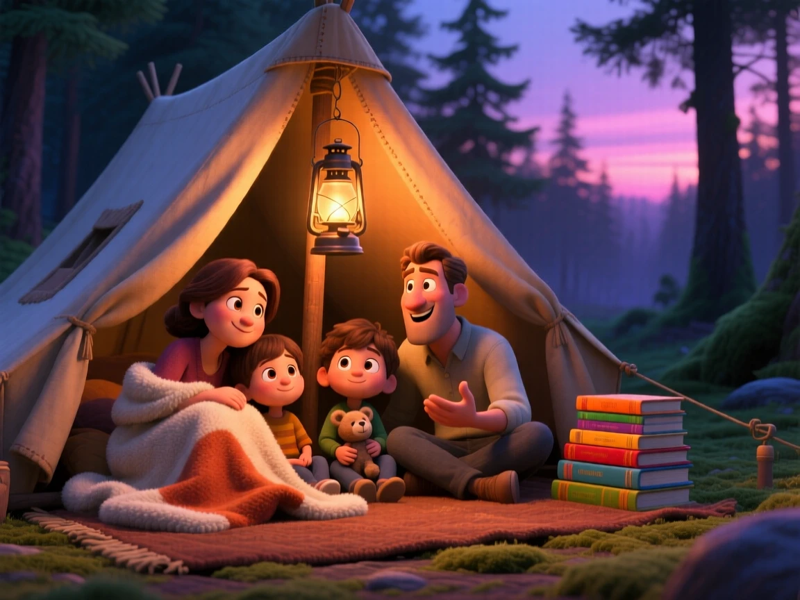 A small family gathered together sits inside a tent glowing from a lantern, tucking a wool blanket over their knees. A feeling of safety and slow relaxation lingers here, with a stack of books piled beside them.