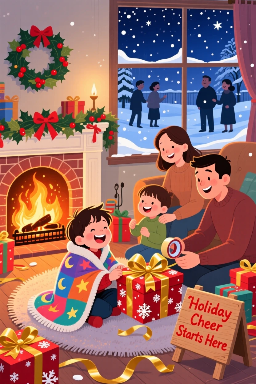 A child wrapped in a cozy blanket laughs while wrapping presents by the fireplace together with their whole family, with laughter echoing through the yard.