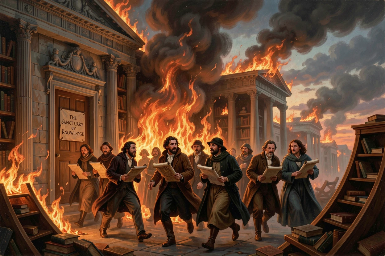 An ancient library burns as scholars rush to save what scrolls they can.