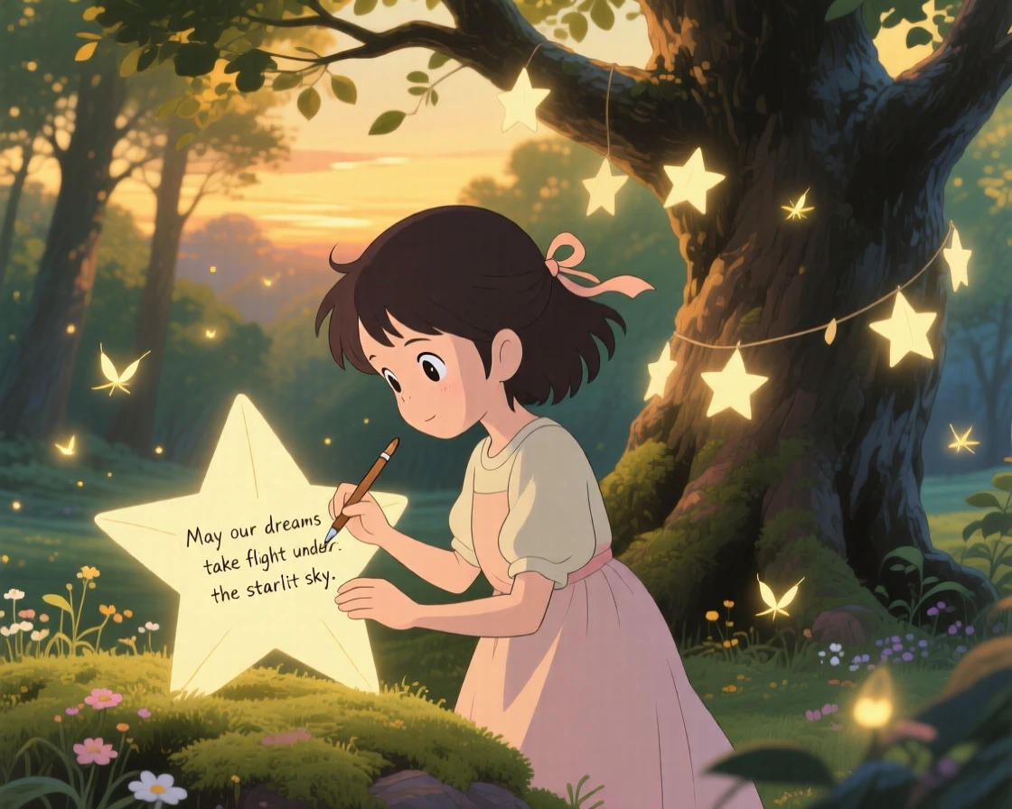 A tender moment of a girl writing a wish on a paper star before hanging it on a tree, the scene quietly moving.
