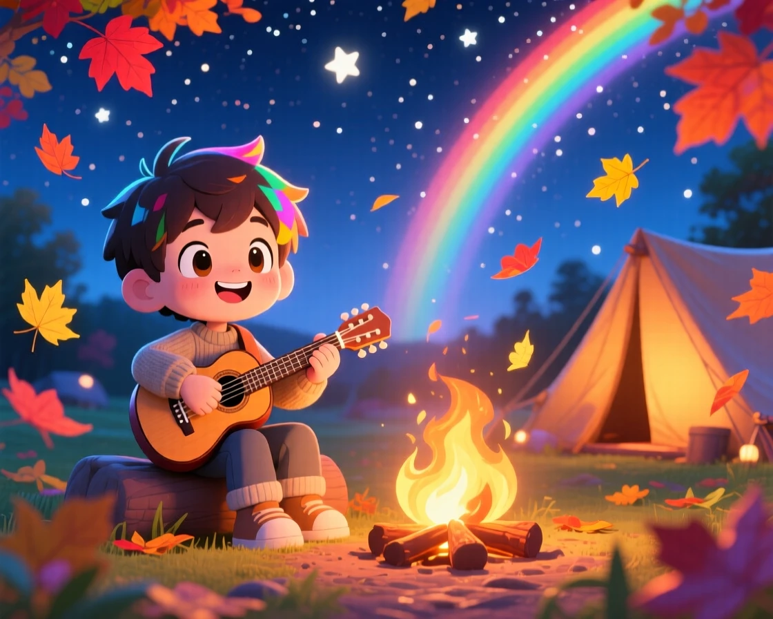 In a starlit campsite, a young boy is strumming a tiny guitar by a campfire with autumn leaves swirling around, bathed in bright rainbow-tinted light, expression full of triumphant pride. Shot as a wide establishing shot.