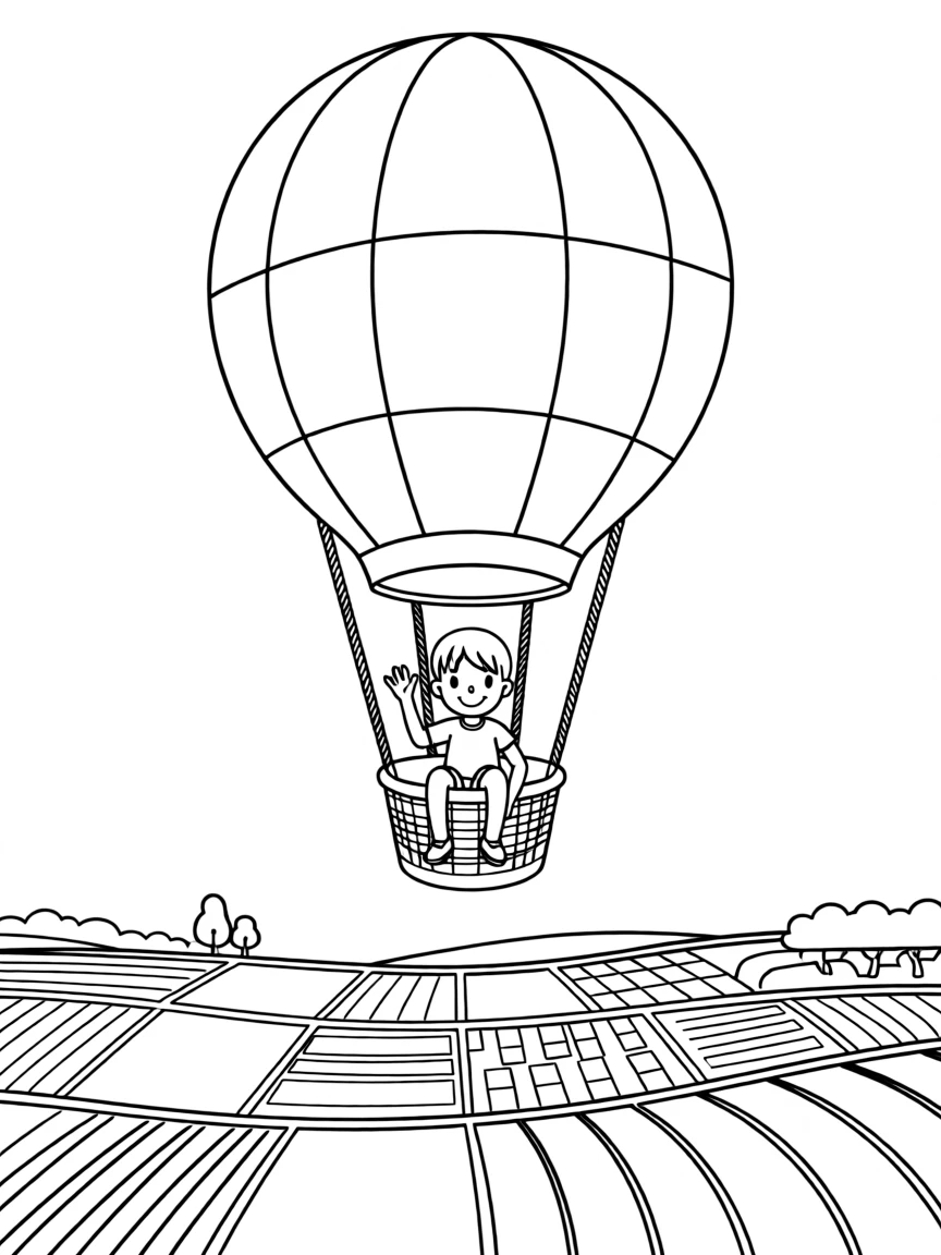 A child riding a hot air balloon over a patchwork countryside