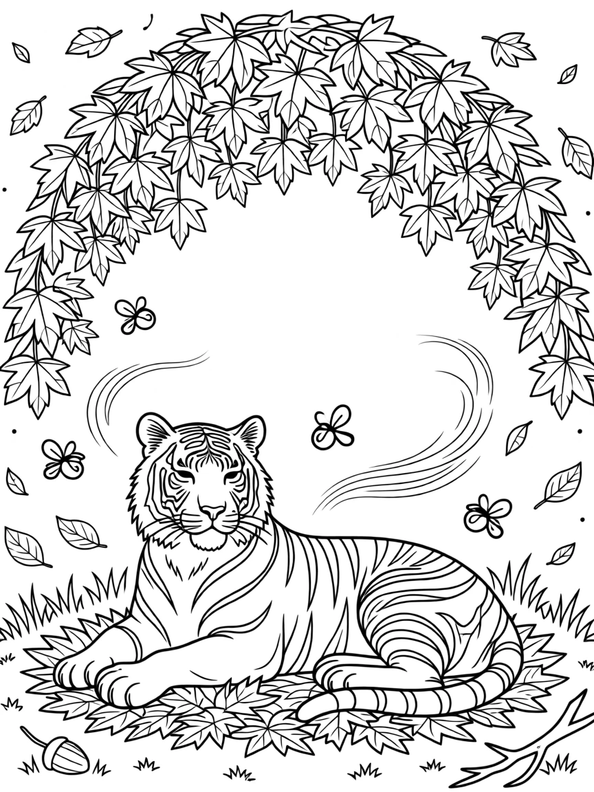 A white tiger resting beneath a canopy of autumn leaves, surrounded by fireflies and drifting leaves.