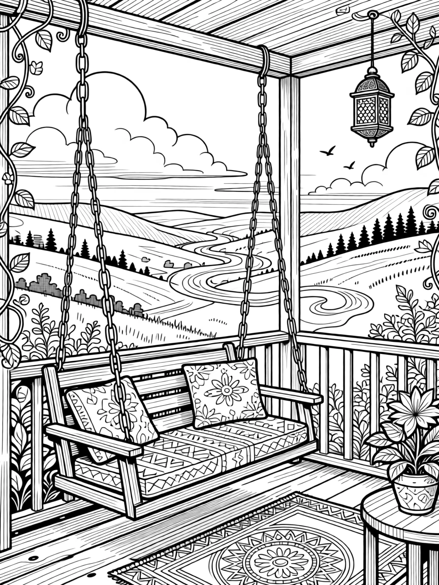 A quiet porch swing overlooking a misty valley at dawn.